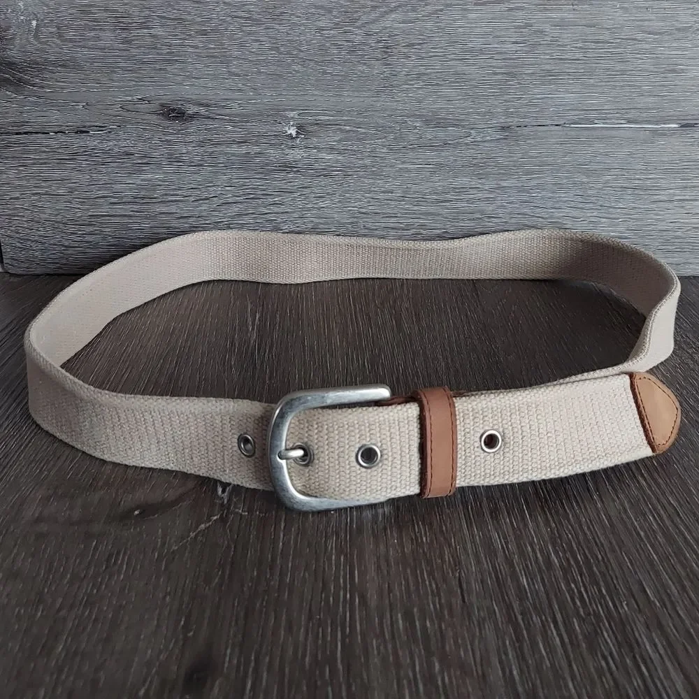 Fossil Utility Gear Beige Cotton Web Belt Men's Size 38 Solid Brass Buckle
